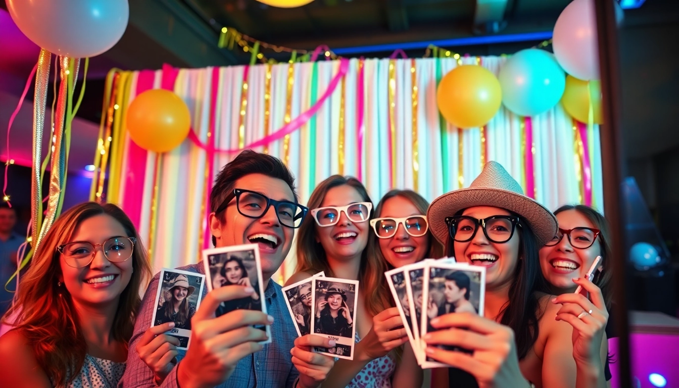 Guests enjoying a photo booth chicago experience filled with joy and colorful props.