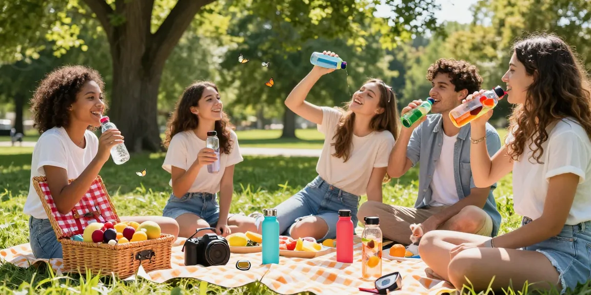Outdoor picnic with friends enjoying their scented water bottles, showcasing refreshing flavors in a lively park setting.