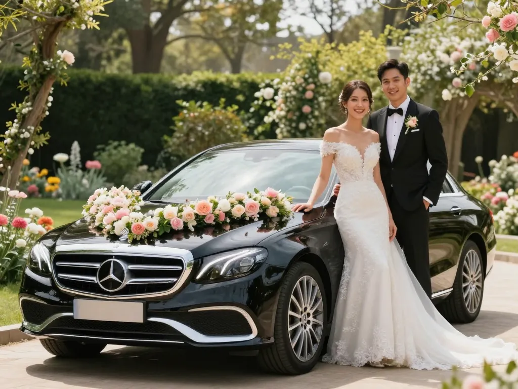 Thuê một chiếc Mercedes sang trọng cho đám cưới của bạn, với chiếc xe được trang trí đẹp mắt và một cặp đôi vui vẻ.