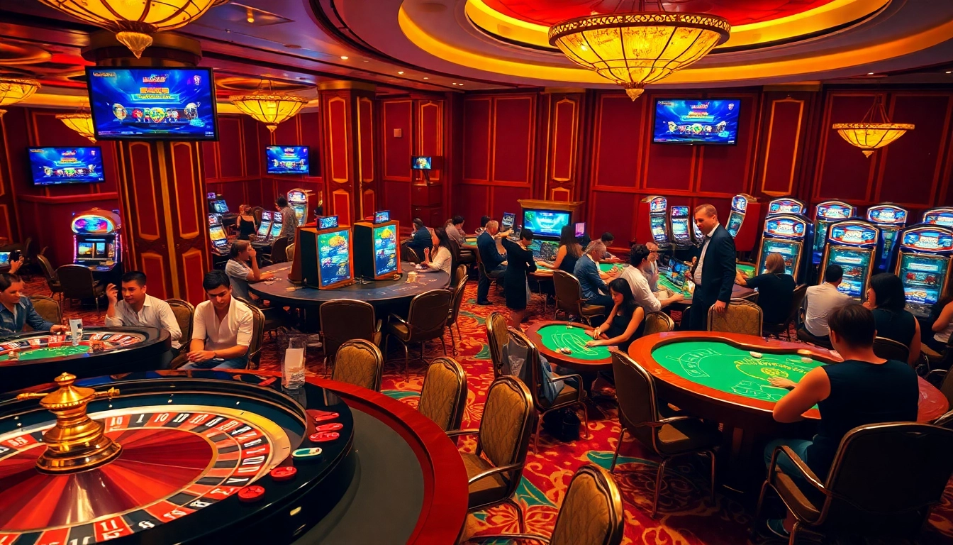 Experience the thrill of https://f168.group/ with players enjoying various casino games in a luxurious setting.