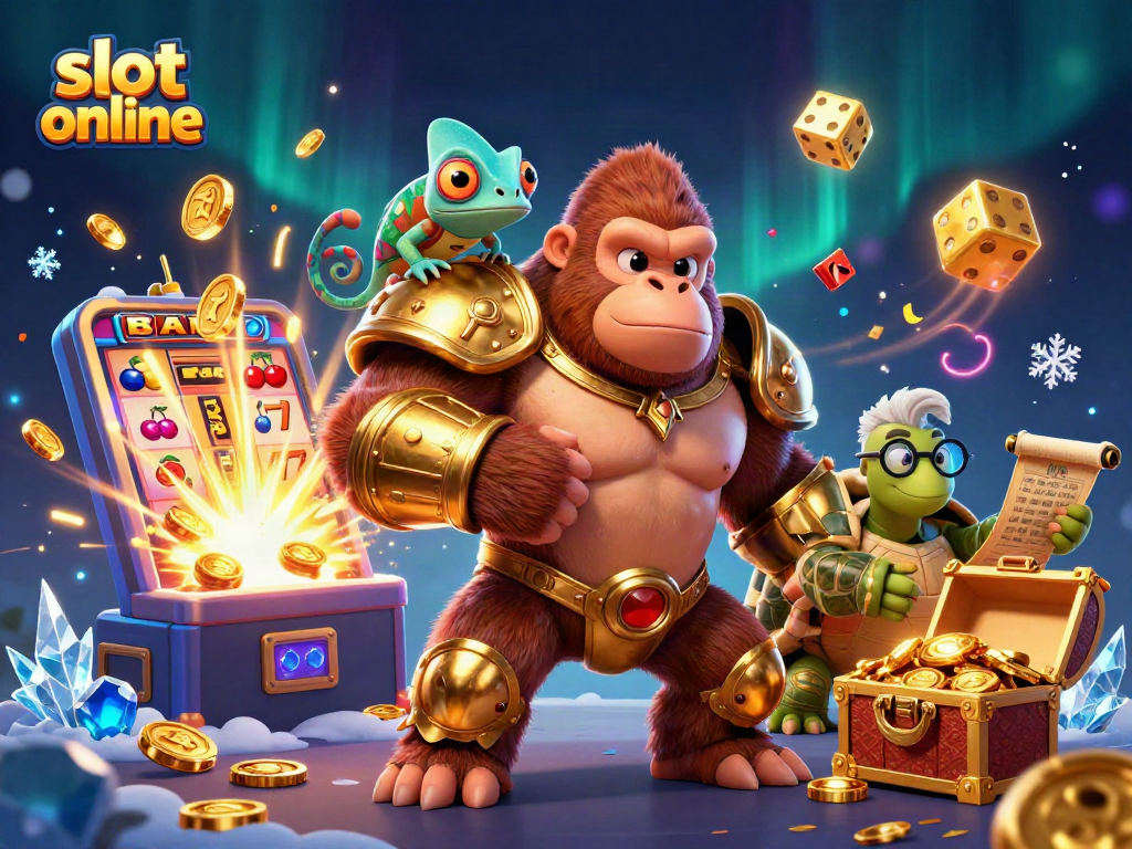 Engage in thrilling slot online action with a powerful gorilla, chameleon, and tortoise in a vibrant casino scene.