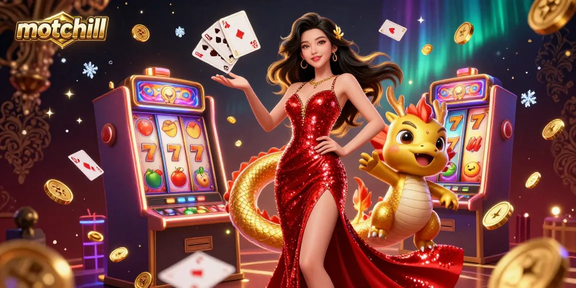 Experience the thrill of motchill with a vibrant casino scene featuring a confident woman and gold dragon among spinning slot machines.