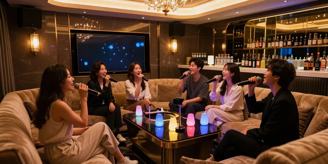 강남가라오케에서의 고급스러운 프라이빗 룸, 아늑한 조명과 고급 음료가 어우러진 분위기