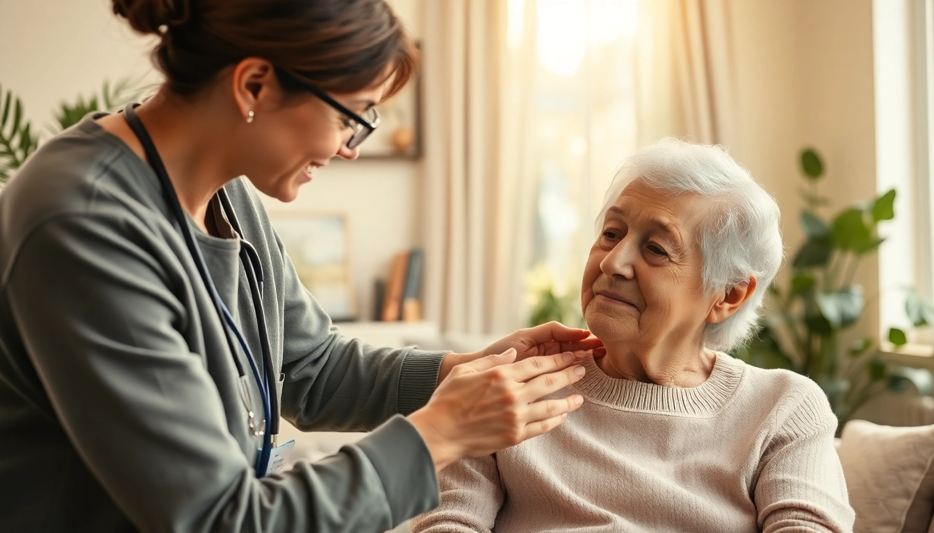 Providing in home health care services near me, a caregiver supports an elderly client in a bright living room.