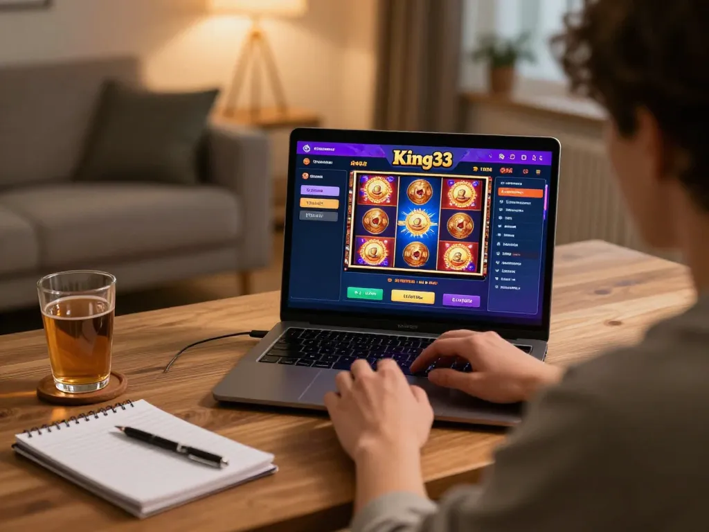 Engaged gamer exploring king33 online casino on a laptop from home.
