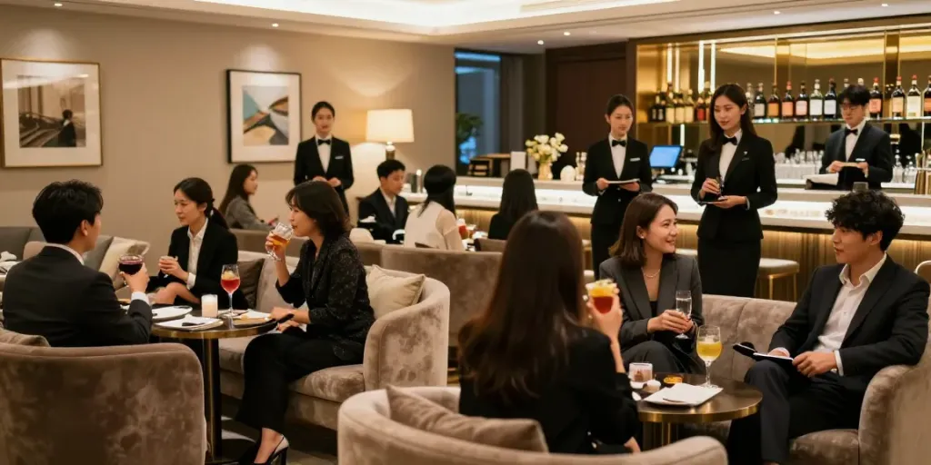 강남타이밍 쩜오의 고급스러운 실내에서 손님들이 즐거운 대화를 나누고 있는 모습