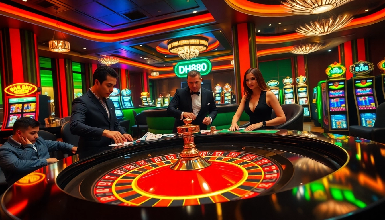 Players immersed in the thrilling DH88 casino atmosphere, engaging at the roulette table.