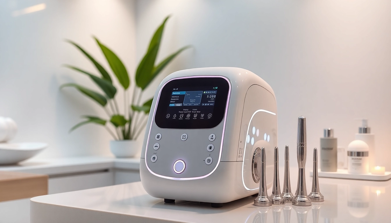 Hydrofacial machine 3 in 1 in a serene spa environment, showcasing its sleek design and multiple applicator tips.