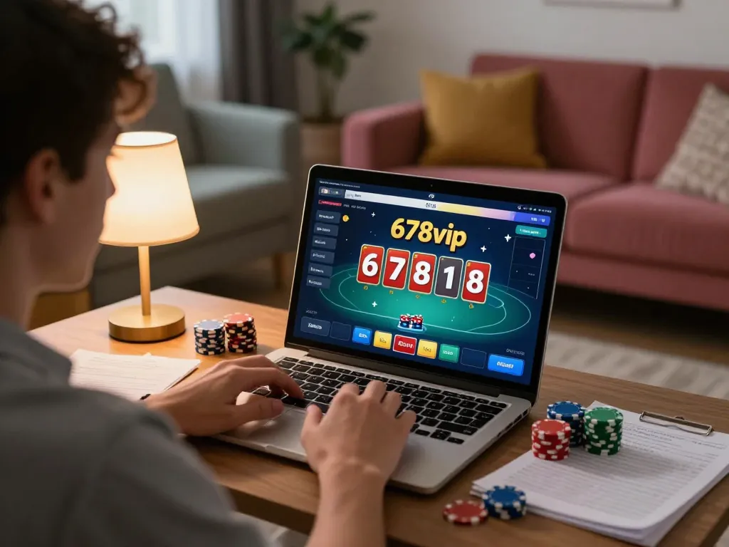 Player engaged in a 678vip poker game from home, surrounded by strategy notes and chips, highlighting online gambling focus.