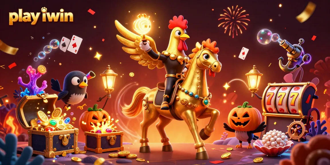 Play iwin in a magical casino scene with golden rooster characters and vibrant game elements.