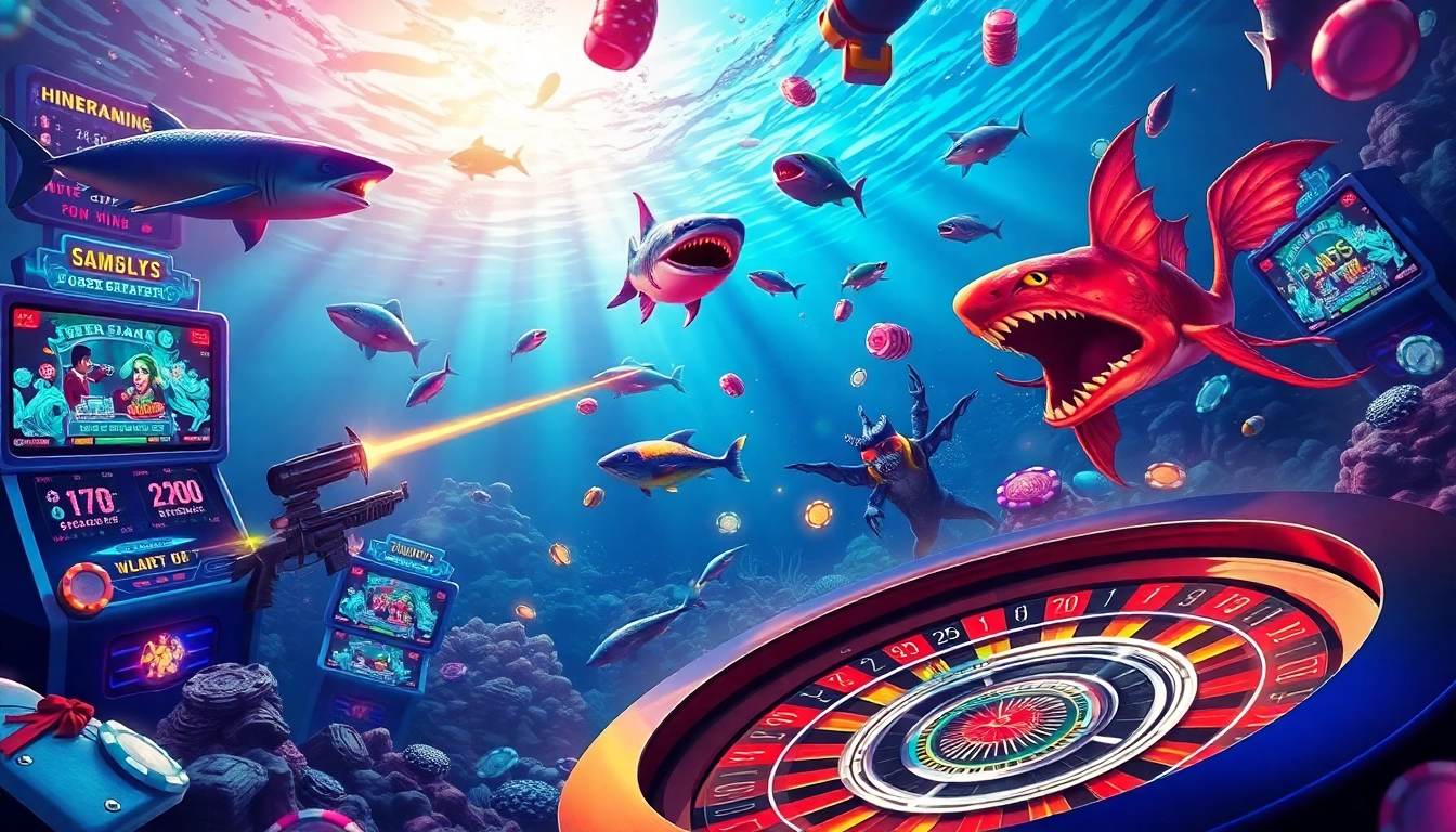 Bắn cá đổi thưởng game showcasing players capturing colorful 3D fish with laser guns in an exciting underwater scene.