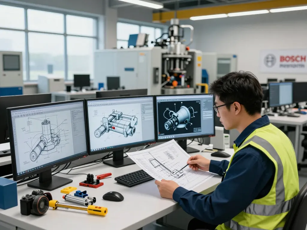 Engineer examining Bosch Rexroth blueprints in a dynamic industrial workspace, showcasing hydraulic systems and technical innovation.