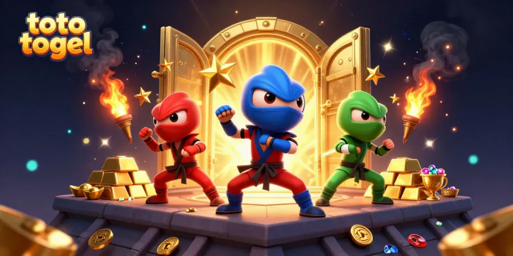 Menangkan hadiah di toto togel dengan ninja chameleon bertarung di atas atap sambil dikelilingi harta karun.