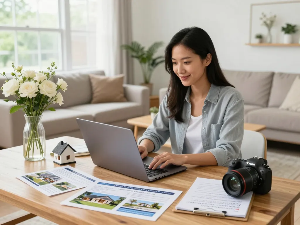 Sell house without realtor through effective home staging and research by homeowner in modern living room.