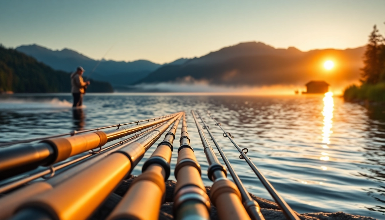 Showcase of the best fly fishing rods arranged beside a serene mountain lake at sunrise.