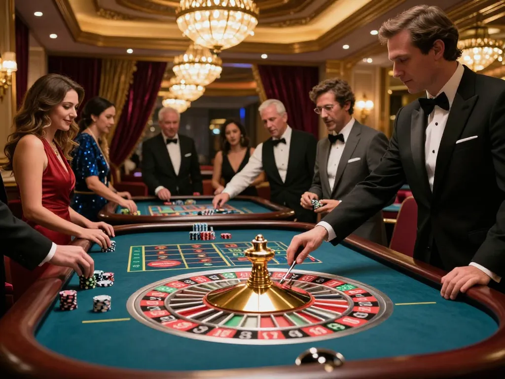 BL555 players thrillingly placing bets at a roulette table surrounded by luxurious casino decor.