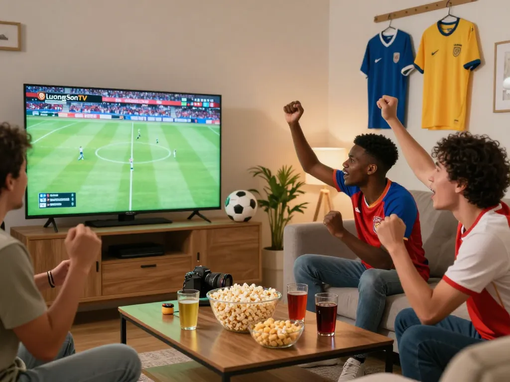 Excited fans enjoying LuongSonTV live football stream in a cozy setting.