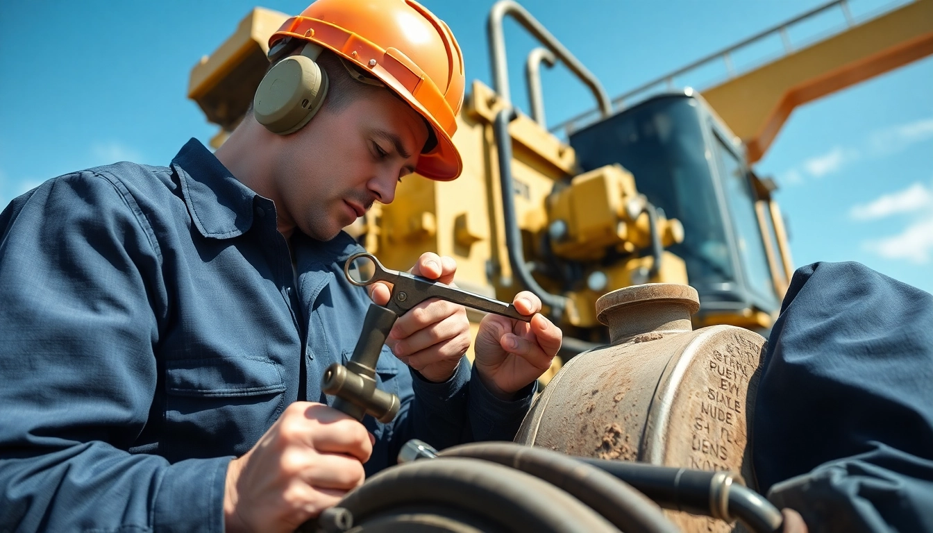 Technician conducting on-site hydraulic repair on industrial machinery with specialized tools.