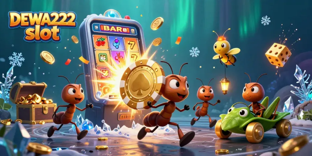 Join the fun at DEWA222 slot with a dynamic illustration of whimsical characters in a gambling adventure.