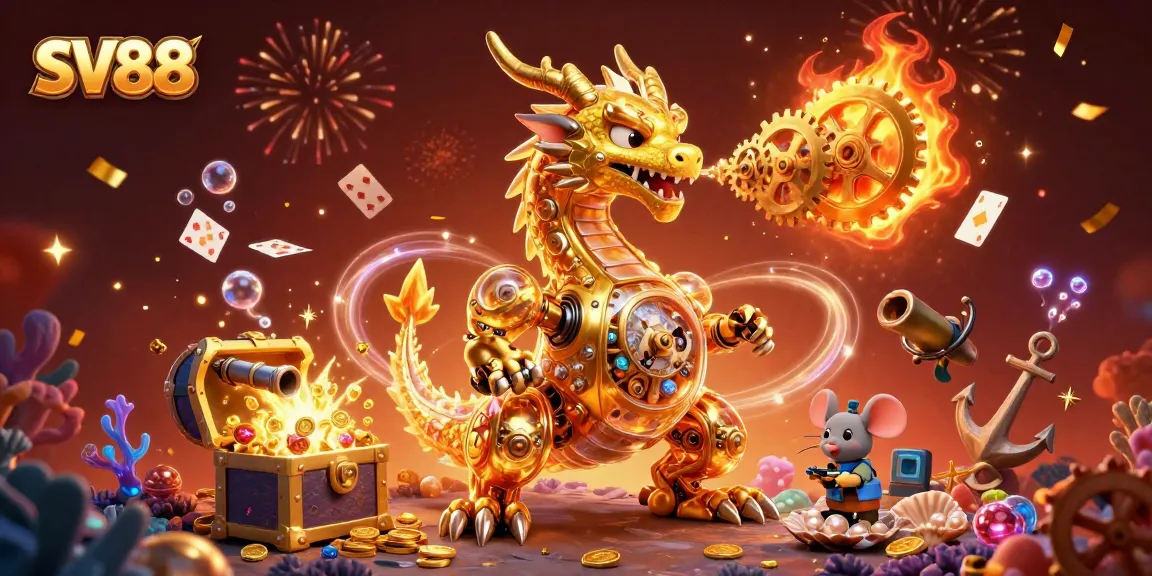 Engage with the thrilling SV88 gaming experience featuring a majestic golden dragon and exciting treasure.