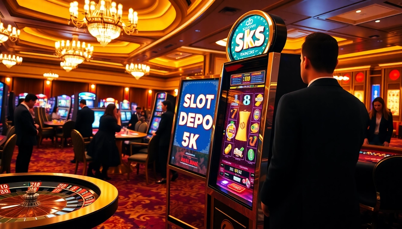 Play at the vibrant slot depo 5k machine in a luxurious casino setting.