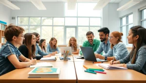 Enhance Education engagement with students collaborating in a vibrant classroom.