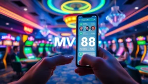 Experience MV88 app interface on a smartphone in a vibrant online gambling environment.