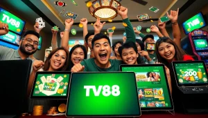 Exciting online gambling experience at TV88 with diverse players celebrating a win, showcasing gaming icons.
