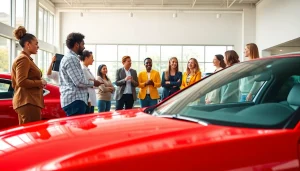 Buy a car: A diverse group of people joyfully engaging in a vibrant dealership setting with modern vehicles.