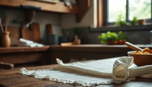 Vouwend een kaasdoek op een houten aanrecht in een rustieke keuken.