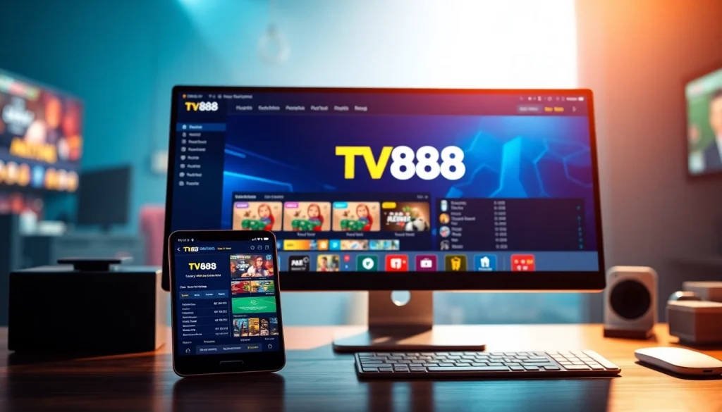 TV88 online gambling platform interface showcasing desktop and mobile user engagement.