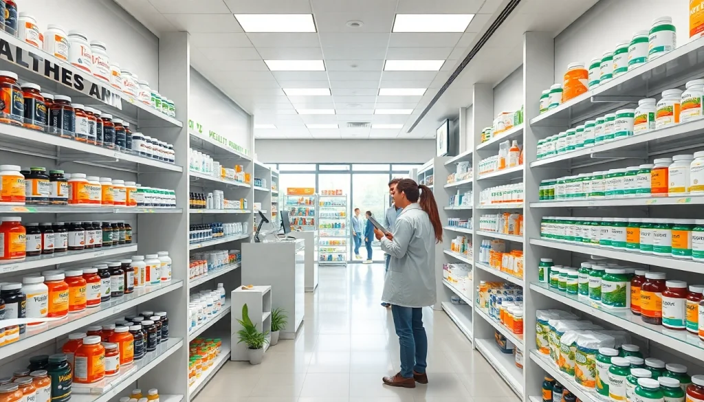 Showcase of health supplements featuring 888new in a bright pharmacy setting