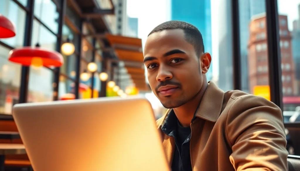 Searching for a free job post new york in an urban cafe environment.