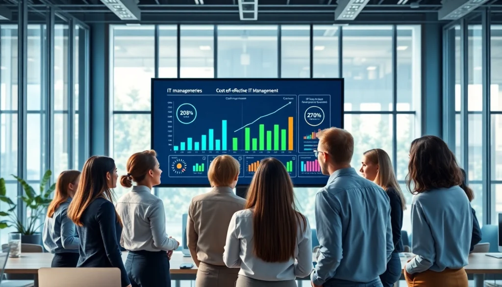 Team collaborating on Cost-Effective IT Management strategies in a modern office.