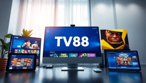 TV88 online gambling platform showcasing sleek interface on devices with vibrant graphics and promotions.