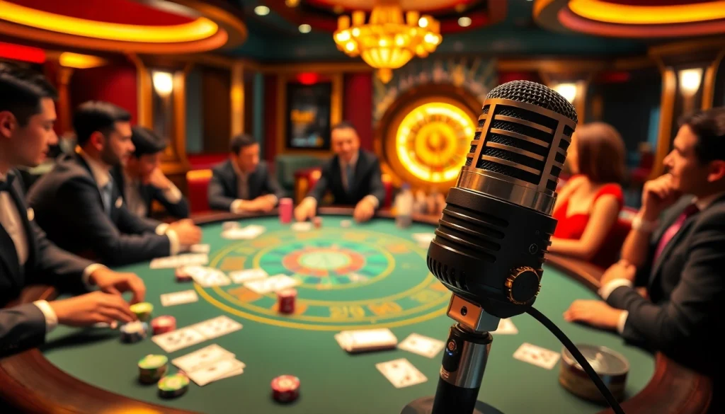 Capture the excitement of gambling with MV88 microphone on a poker table in a luxurious casino.