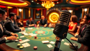 Capture the excitement of gambling with MV88 microphone on a poker table in a luxurious casino.