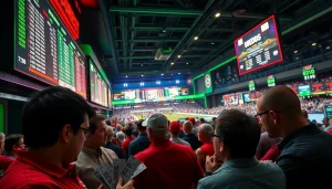 Engaging sports betting crowd analyzing 79king odds at a vibrant venue.