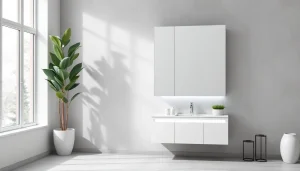 Stylish spiegelschrank mit led Beleuchtung in modernem Badezimmer mit eleganter Beleuchtung.