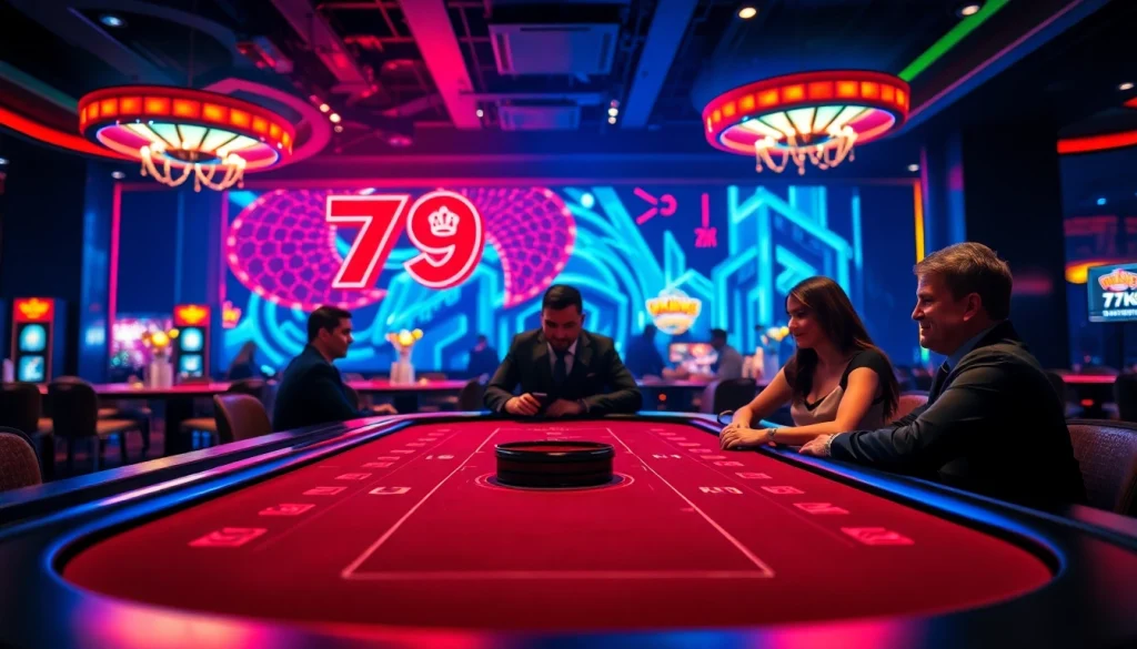 79king-themed casino gaming table with engaging players and vibrant decor.