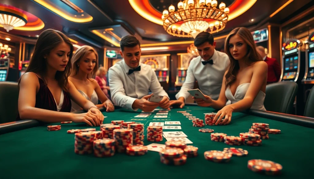 Feel the excitement of Okfun as players engage in a thrilling blackjack game at a vibrant casino table.