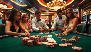 Feel the excitement of Okfun as players engage in a thrilling blackjack game at a vibrant casino table.