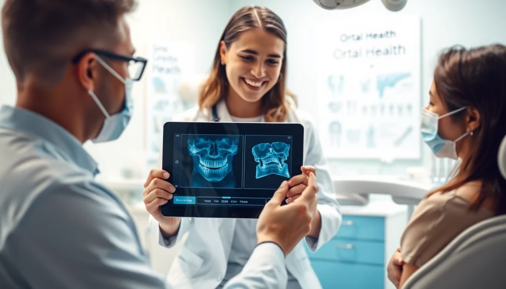 Engaging dentist providing a patient consultation in a welcoming dental office.
