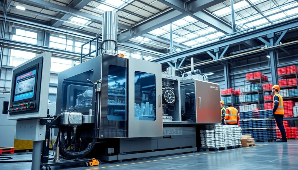 High-tech plastic injection molding machine in operation at an industrial facility