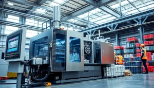 High-tech plastic injection molding machine in operation at an industrial facility