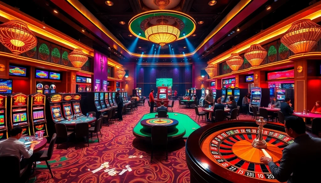 Kuwin3 players enjoying high-stakes action at a vibrant casino with slot machines and poker activities.