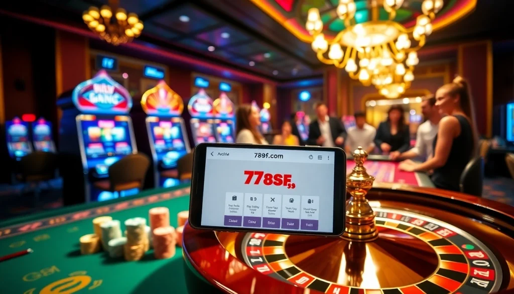A vibrant casino scene showcasing the 789f.com interface on a smartphone amidst poker chips and a roulette table.