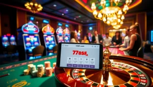 A vibrant casino scene showcasing the 789f.com interface on a smartphone amidst poker chips and a roulette table.
