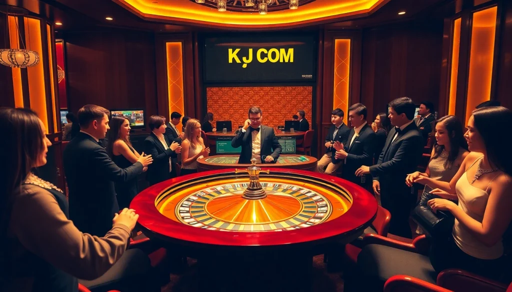 Engaging players at the roulette table in a luxurious KJC COM casino atmosphere.