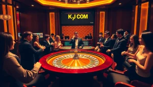 Engaging players at the roulette table in a luxurious KJC COM casino atmosphere.